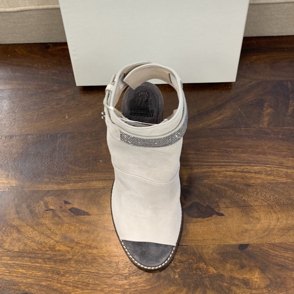 Brunello Cucinelli Grey Peep Toe Monili Suede Pump - Picture 2 of 5